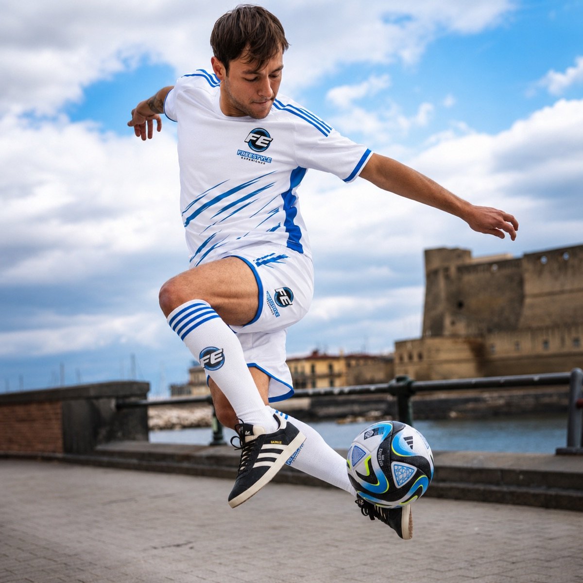 Nicola Barnabà in evoluzione con il pallone sul lungomare di Napoli