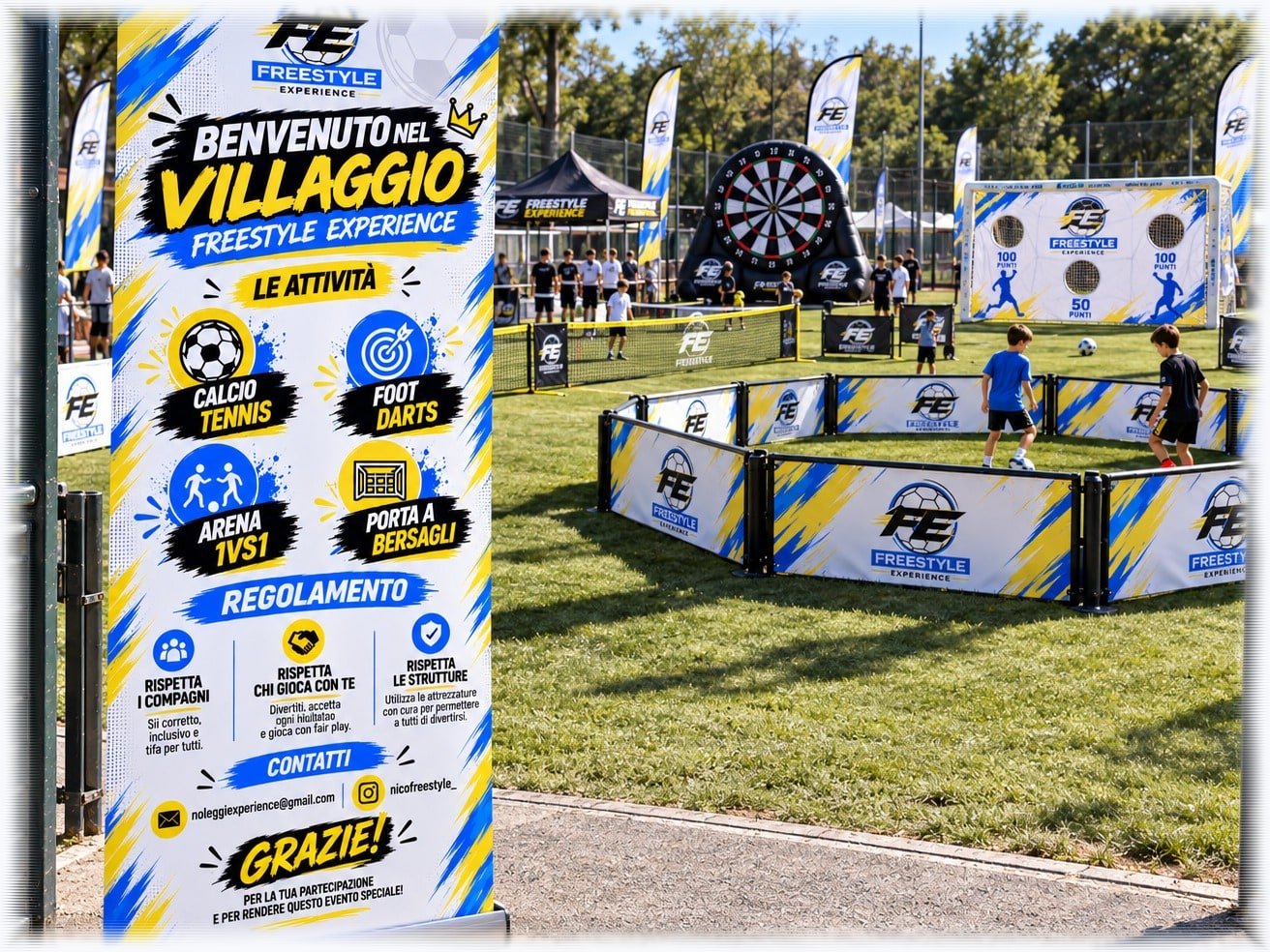 Freestyle Experience Sports Village: rendering di tutte le attrezzature allestite insieme su un campo da calcio